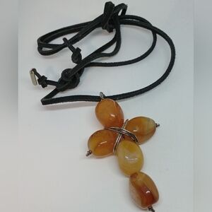 * Mark Edge signed Aqeeq agate carnelian quartz stone cross necklace